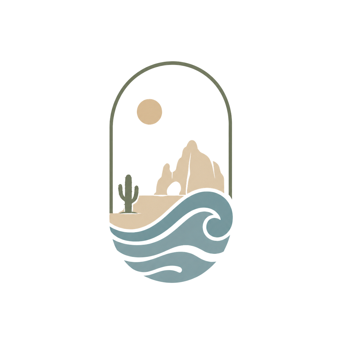 Cabo Travel Finds emblem — arch, cactus and wave